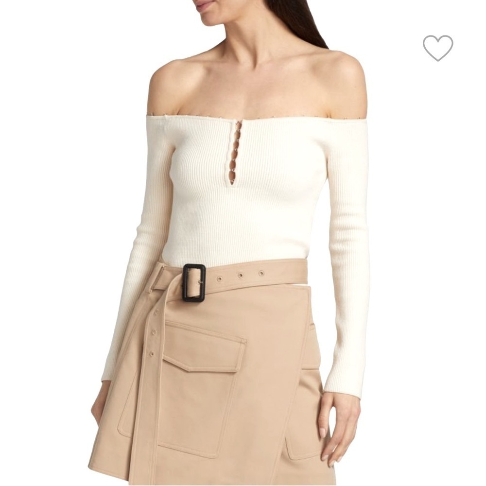 $295 Helmut Lang ivory hook eye off the shoulder ribbed top shirt size large